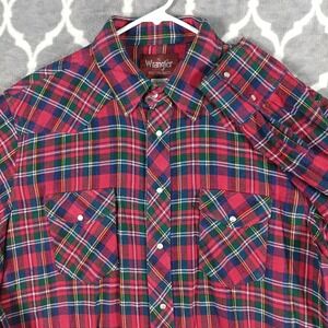 Wrangler Western Shirt Mens XL Red Plaid Royal Stewart Pearl Snap Long Sleeve